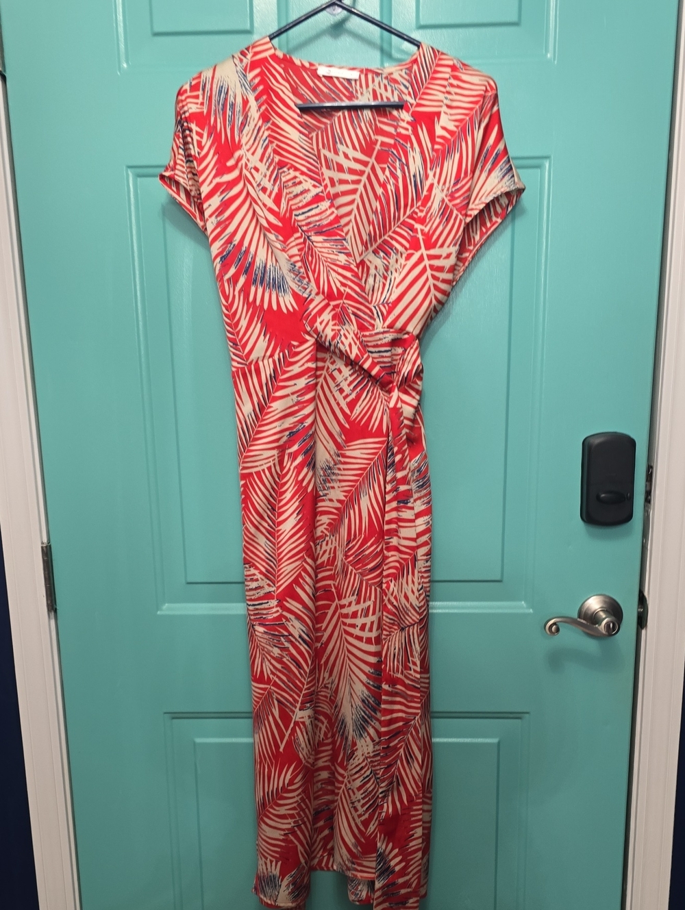 Cupshe Red and Cream Tropical-Leaf Wrap Maxi Dress
